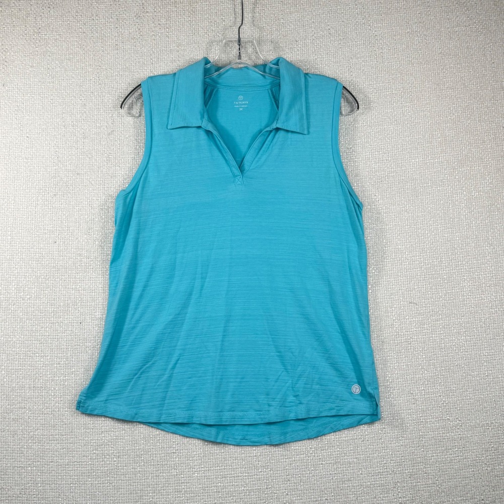 T by Talbots Womens Turquoise Blue Sleeveless Polo V-Neck Slub Knit Top Medium